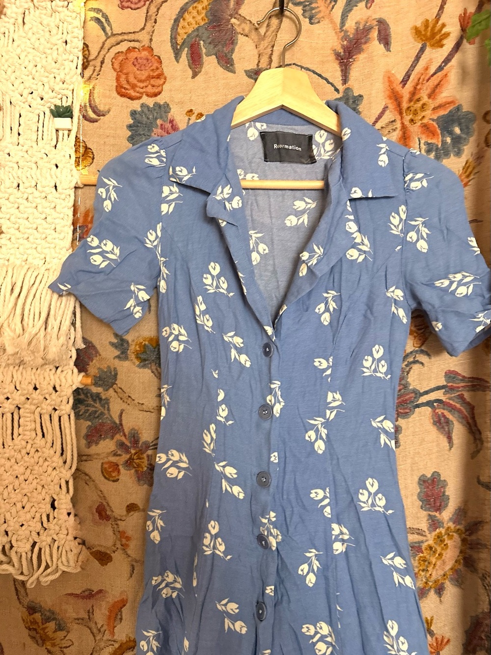 Reformation Blue Midi Dress with White Floral Print Buttons